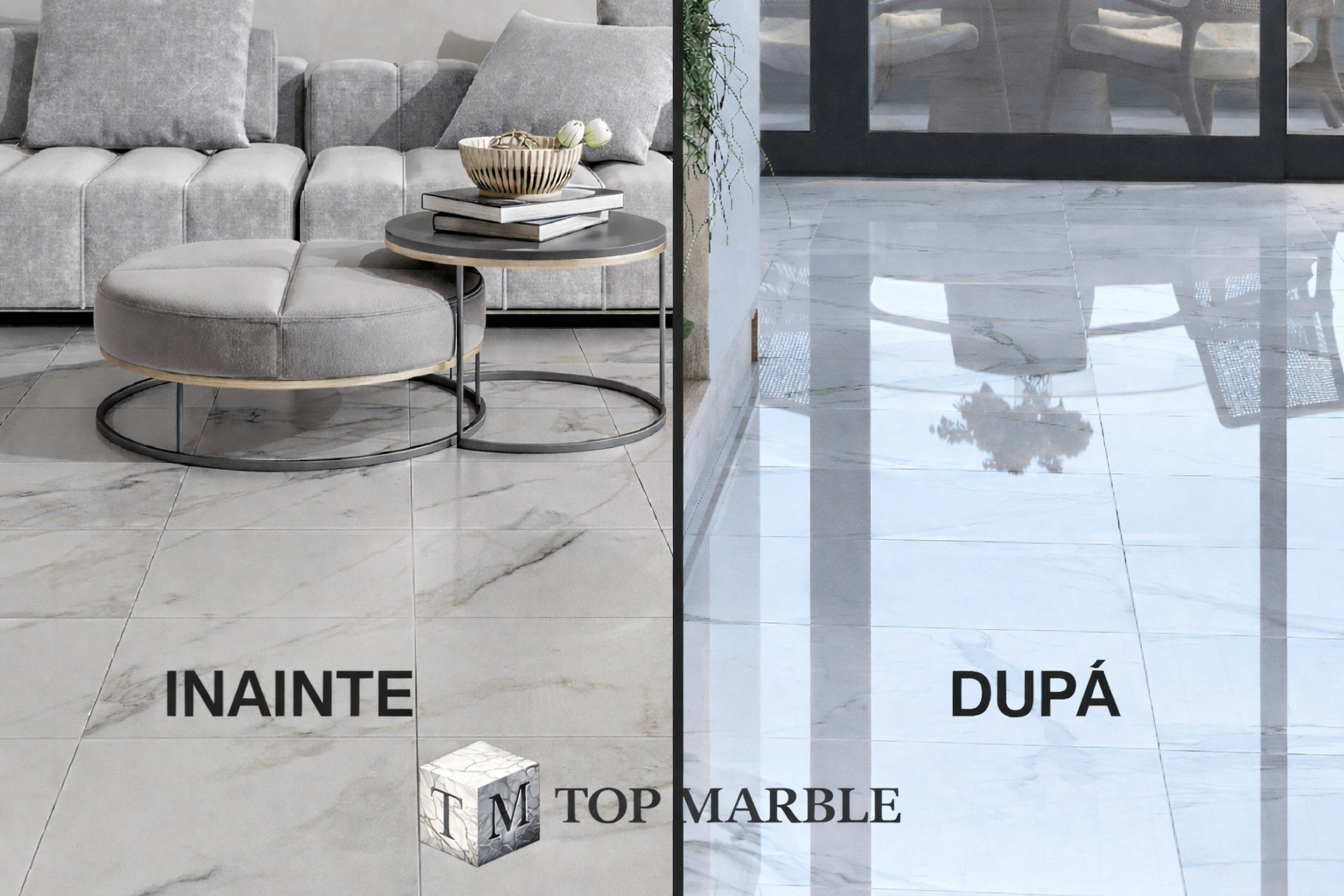 Înainte și după șlefuire marmură – eliminare matuire